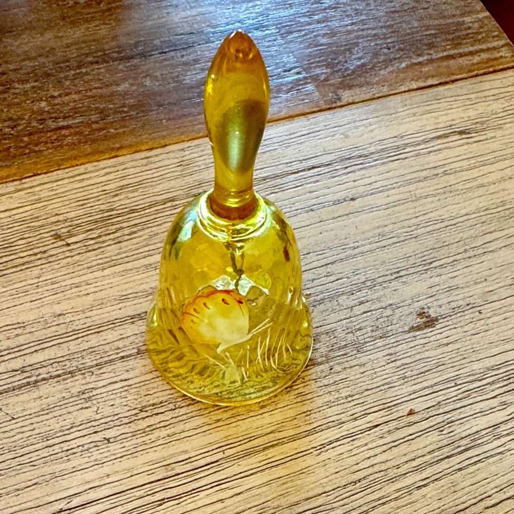 Vintage Fenton Yellow Glass Bell with Fish Design